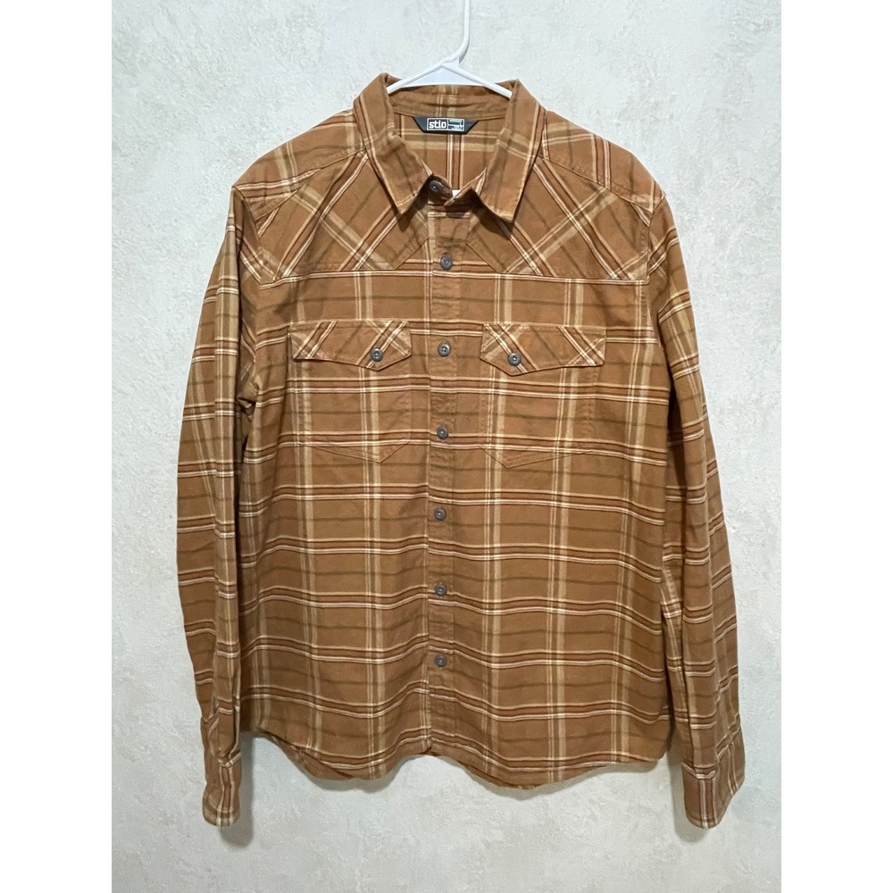 Stio Mens Organic Cotton Flannel Shirt Plaid Western Yoke Brown Large L